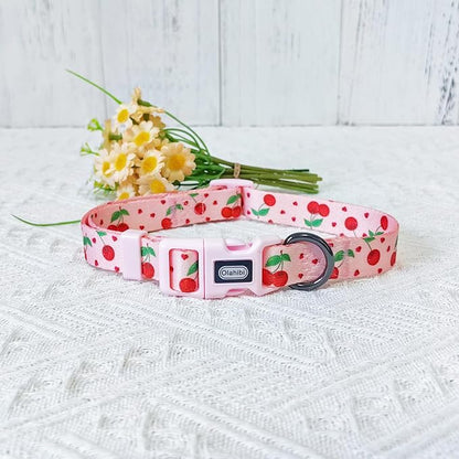 Dog Collar Leash Set, Fruit Pattern, Polyester Material, Adjustable Collar and 5ft Matching Leash, for Small Dogs.(S, Pink Cherry)