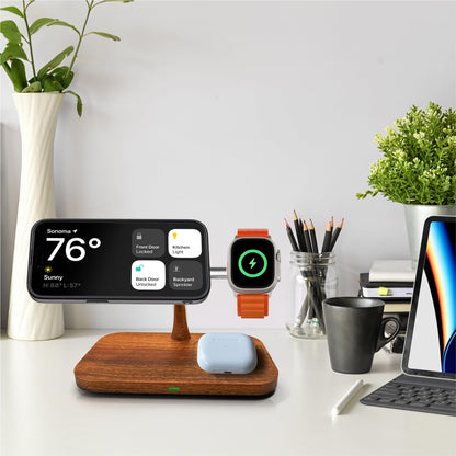 3-in-1 Real Natural Wood Wireless MagSafe Compatible Magnetic Charger Stand Station for Apple iPhone 17/16/15/14/13/12, Plus, Mini, Pro, ProMax, Apple Watch AirPods, Fast Charging 15W