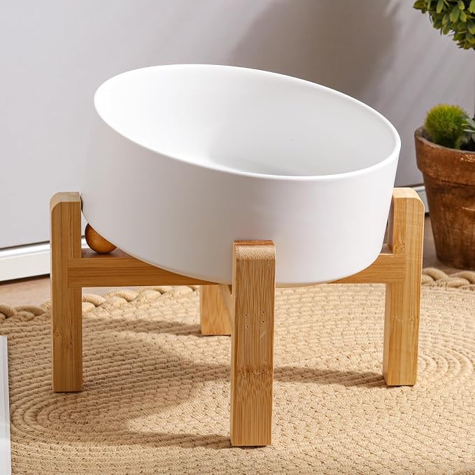 White Elevated/Raised 15°Tilted Anti Slip Ceramic Dog Bowl for Small/Medium Breeds,Slanted Bulldog Big Face Pet Food Water Feeding Dish with Stand for Cats and Dogs (3.6 Cups/28 OZ)