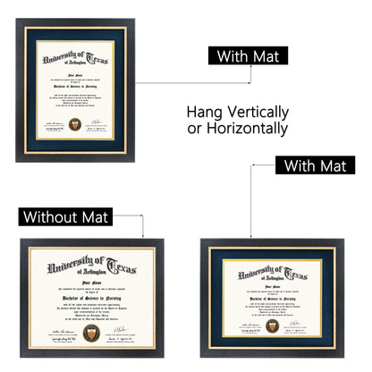 GMFrames 8.5x11 Wood Diploma Frame with Navy Mat or Display 11x14 Certificates without Mat,Tempered Glass,Rustic Black Finish with Gold Trim