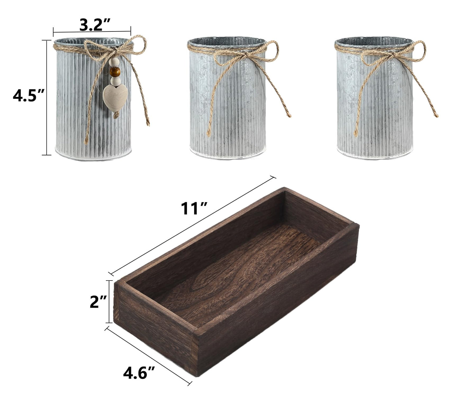 HEMYLU Artificial Gypsophila Baby's Breath, Rustic Table Centerpieces Home Decor for Dining Room, Farmhouse Wood Planter Box with 3 Galvanized Metal Pots Decorative Table Centerpiece