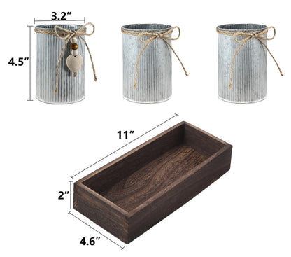 HEMYLU Artificial Gypsophila Baby's Breath, Rustic Table Centerpieces Home Decor for Dining Room, Farmhouse Wood Planter Box with 3 Galvanized Metal Pots Decorative Table Centerpiece