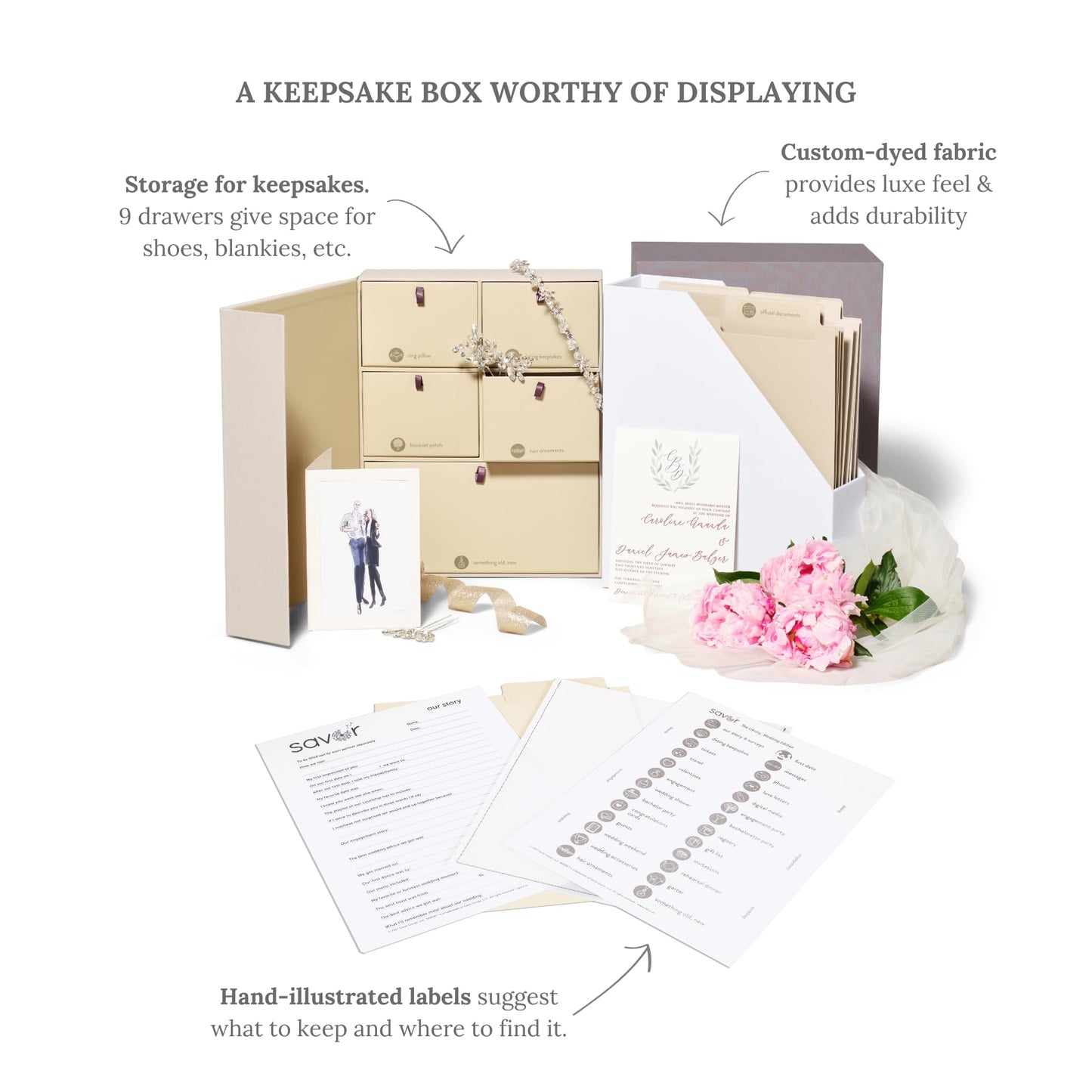 Savor | Deluxe Wedding Keepsake Box with 52 Labels, 6 Drawers, and 8 Vertical Files | Acid-Free Memory Organizer for Wedding Day, Bridal Shower & Anniversary (Slate, No Customization)