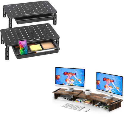 Zimilar 2 Pack Height Adjustable Monitor Stand Riser with Drawer Dual Wood Monitor Stand Riser