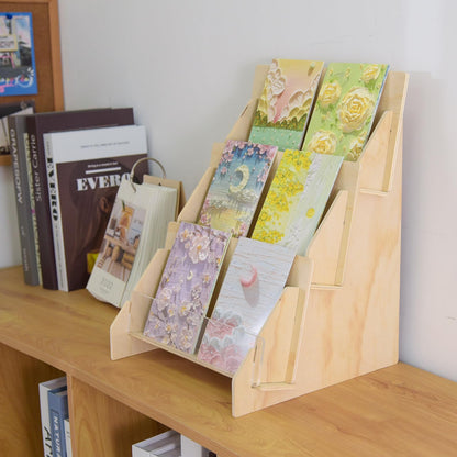 SSYYGET Greeting Card Display Stand, 3 Tier Postcard Display Stand, Portable Card Display Rack, Wooden Retail Display Holder, Magazine Organizer Rack, Stands for Valentine Cards (3 Tier)