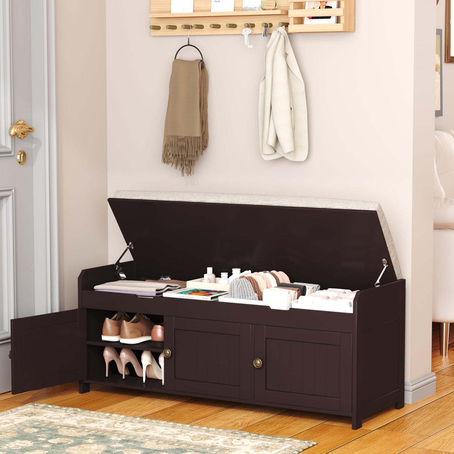 HOMEFORT 41.3" Shoe Bench with Lift Top Storage, Entryway Bench with Cushioned Seat, Wooden End of Bed Bench, Shoe Cabinet Bench with Hidden Storage Space, for Bedroom, Hallway,Espresso