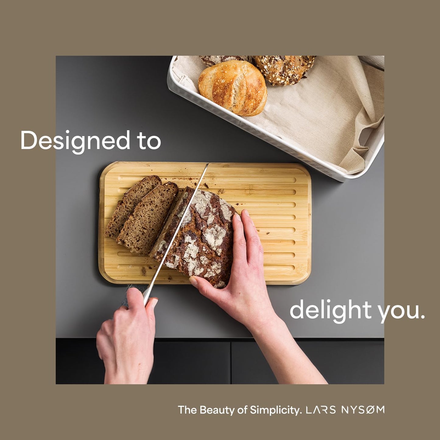 LARS NYSØM Bread Box I Metal Box for long lasting freshness I Bread Bin with bamboo lid usable as cutting board I 13.4x7.7x5.3In (Arctic White)