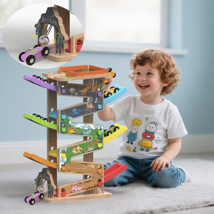 Letoiz Wooden Race Track Car Ramp Racer Toy for Toddlers, Dinosaur Car Ramp Toy Vehicle Playsets with 12 Mini Cars - Fine Motor Skills Toddler Toys for 2 3 Year Old Boy and Girl Birthday Gifts (Combo)