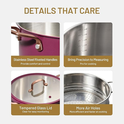 CAROTE 8QT Full Clad Tri Ply Stainless Steel Stock Pot with Lid, Kitchen Stockpot Soup Pot, Outer Ceramic Layer, Even Heating, All Stoves Compatible, Oven & Dishwasher Safe, Stay Cool Handle, Purple