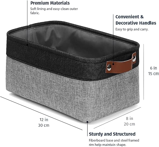 OrganiHaus 12x8in Canvas Storage Baskets 6 Pack | SMALL Fabric Bins for Shelves | Pantry & Bathroom Organizer | Gray/Black