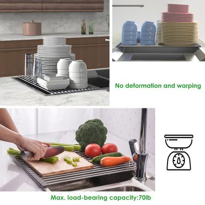 Tomorotec Roll Up Dish Drying Rack Over The Sink Grey Large Dish Drying Rack Rolling Foldable Collapsible SUS304 Stainless Steel Multipurpose Dish Drainer for Kitchen Counter (21”x15.7”)