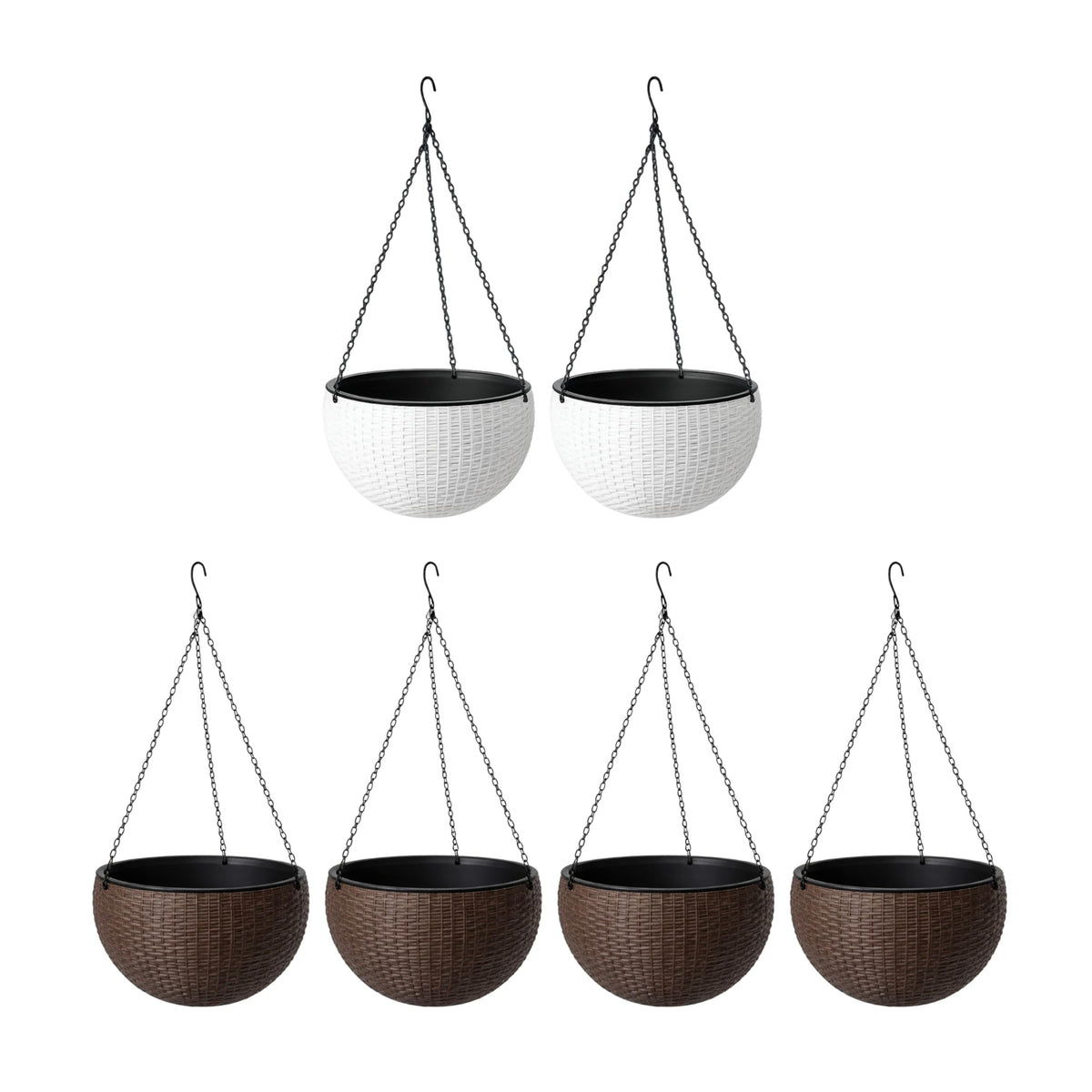 LaLaGreen Bundle- 4 Pack, 11 Inch Brown + 2 Pack, 11 Inch White Self Watering Hanging Plant Pots Round Plastic Flower Baskets with Metal Chain Rattan Style Deck Balcony Decor Porch Patio Indoor Garden