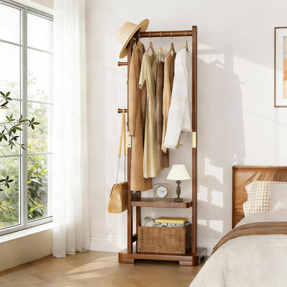 Taitiy Entryway Shoe Storage Bench with Leather Cushion + Solid Wood Clothes Rack with 2 Shelves