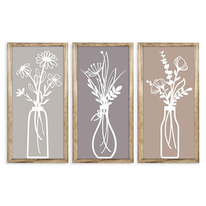 Pigort 3 Pieces Wooden Framed Floral Wall Arts - Farmhouse Flower Wall Art Natural Themed Home Wall Decors for Living Room Bedroom Dining Room Office 7.8x15.7 Inch (Retro)