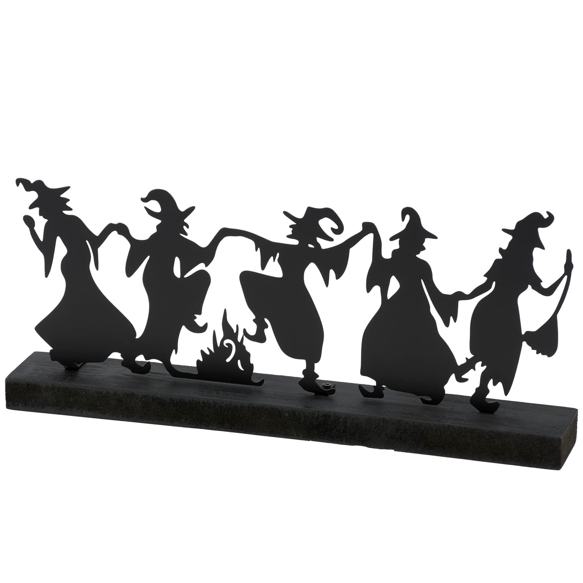 Primitives by Kathy Sitter - Dancing Witches Decorative Sitter from Our Halloween Collection Featuring a Black Metal Cutout of Witches Dancing Around a fire Attached to a Coordinating Black Wood Base