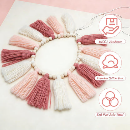 Boho Yarn Tassel Garland - Handmade Wall Hanging Decor for Nursery, Baby Shower, Kids Room, Classroom, Birthday Party - Macrame Tassels Banner for Bedroom, Office, Home Decoration (Pink)