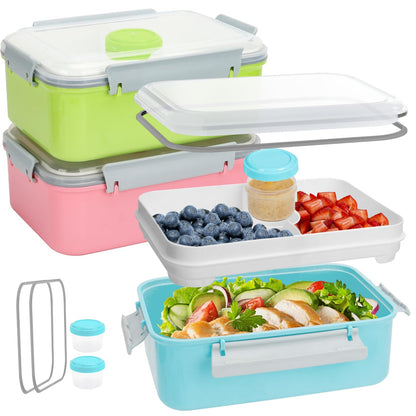 3 Pack Salad Lunch Box Food Storage Containers, 47oz Bento Box To Go Container with Lids, ReusableMeal Prep Containers with Removable Tray & Dressing Pots for Kids and Adults, Microwavable