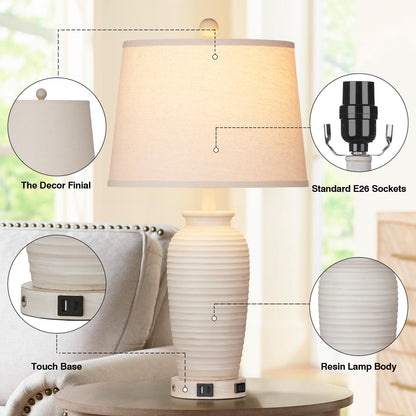 CINSARY 24.3" Farmhouse Jar Table Lamps Set of 2, 3 Way Touch Control Rustic Bedside Lamps with USB A+C Ports & AC Outlet, Pot Nightstand Lamps for Bedroom Living Room (LED Bulbs Included)