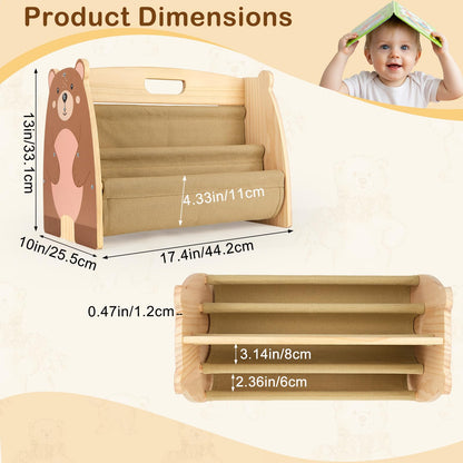 SheSeek Toddler Bookshelf Double-Sided with 4 Tier Deep Sleeves Kids Wooden Montessori Book Rack for Baby Nursery Room, Playroom, Classroom or Bedroom Bookcase Storage Organizer, Brown Bear