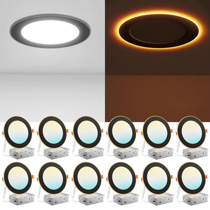 Amico 12 Pack 6 Inch 5CCT LED Recessed Ceiling Light with Night Light, 2700K/3000K/3500K/4000K/5000K Selectable Ultra-Thin Lighting, 12W=110W, 1100LM, Dimmable Canless Wafer Downlight ETL&FCC