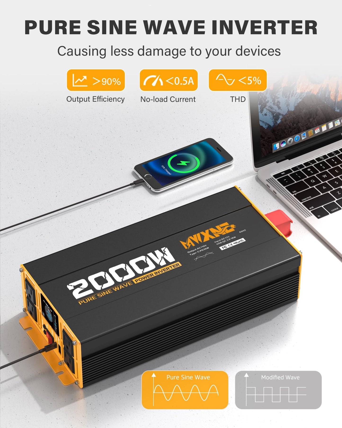 MWXNE 2000W Pure Sine Wave Inverter 12V DC to 110V 120V AC Car Converter for RV Truck Off-Grid Solar Power Inverter with 4 AC Outlets, USB/Type-C Fast Charging Ports, LCD Display, Remote Control