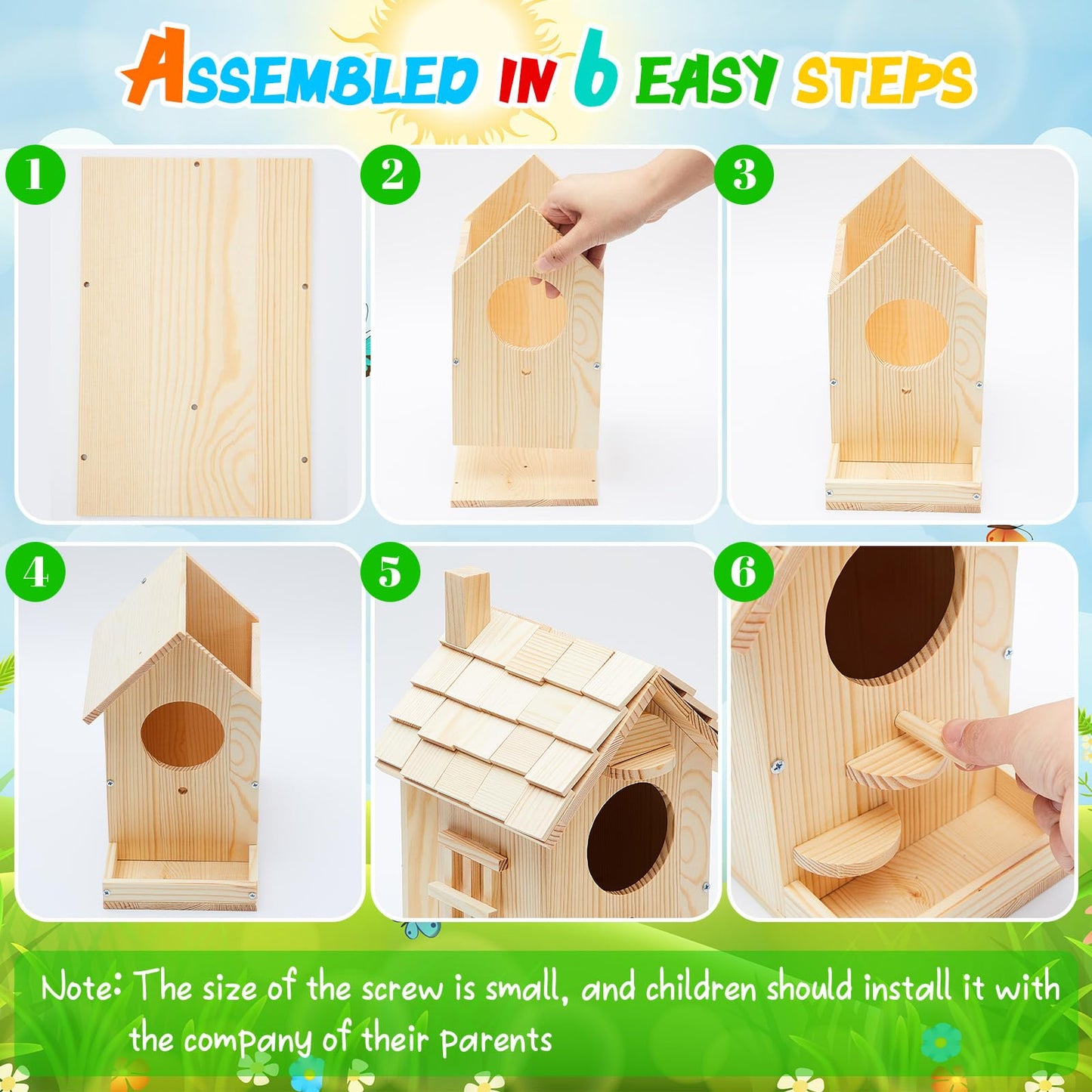 Liliful Wooden Bird House Kits, Build It Yourself Woodworking Kit for Adult Kids 4-8, 8-12 with Paint and Paintbrushes, Solid Weather Proof Natural Pine Wood, Pre Drilled (1 Pack,Modern Style)