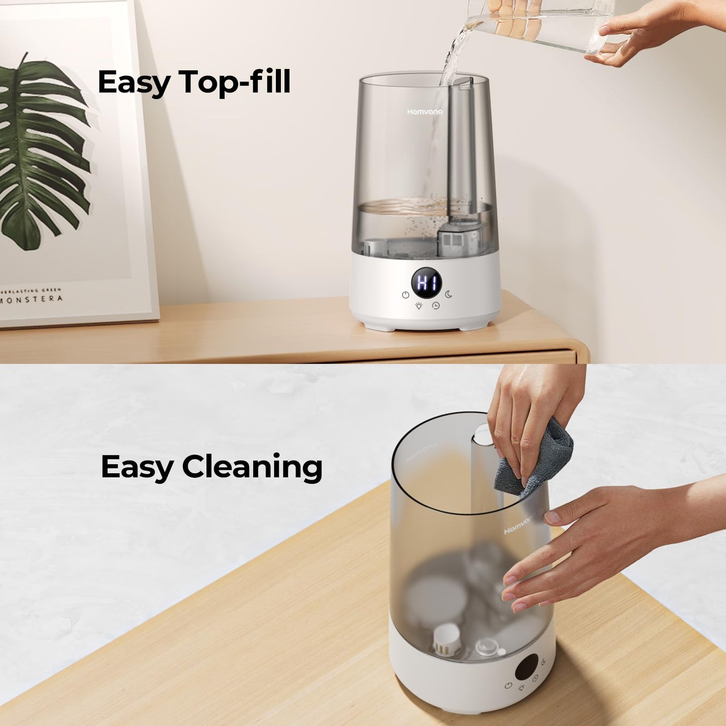 Homvana Humidifiers for Bedroom Home, 3.6 L Cool Mist Top-Fill 34H Super Long Time, Quiet 23dB, Baby Humidifier, Oil Diffuser for Large Room, House, Plant, Nursery, Office, BPA FREE, Ultrasonic (Grey)