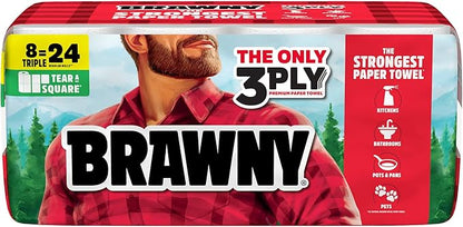 Brawny Tear-A-Square 3-Ply Paper Towels, 8 Triple Rolls = 24 Regular Rolls