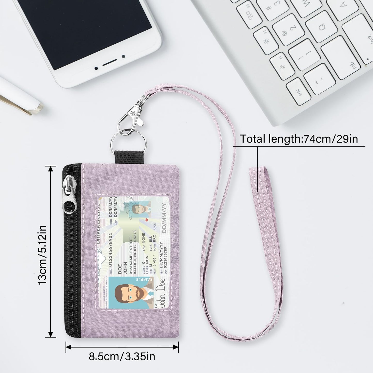 ZHOMA Minimalist RFID Blocking Wallet with Lanyard, Functional ID Case with 2 Zipper Pockets and Key Chain for Men and Women, Tactical Badge Pouch Cards Holder, Coin Purse for Travel Sports-Purple