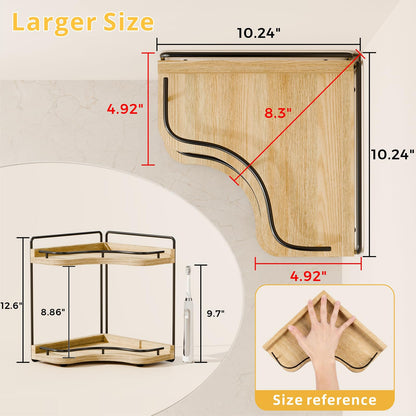 2-Tier Corner Bathroom Counter Organizer with Embedded Screw Holes, Secure & Stable Wood Vanity Shelf for Makeup and Skincare Essentials - Space Saving Bathroom Countertop Storage, ‎‎Light Walnut