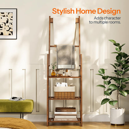 HOOBRO 3 Tier Ladder Shelf, Blanket Ladder, Bookcase Storage Rack Organizer, Bamboo Storage Shelf, Freestanding Shelving Unit, Farmhouse Ladder Rack for Living Room and Bedroom, Mocha MA123CJ01