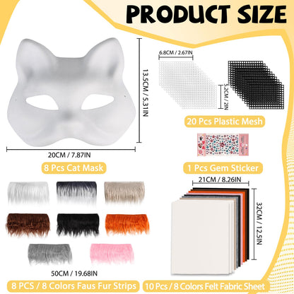 Giftota 47 Pcs DIY Therian Mask Kit for Boys Girls - 8 Blank Cat Mask with Super Soft Felt Fabric Sheet, Plush Faux Fur, Eye Mesh, Gem Sticker - DIY Fox Masks for Christmas Masquerade Cosplay Party