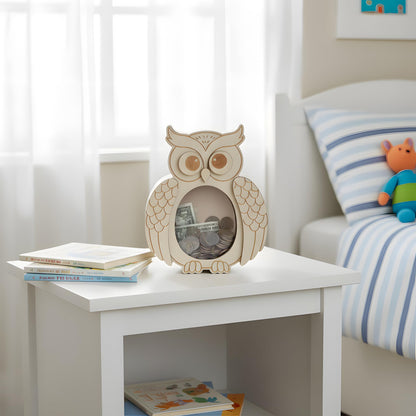 Owl Piggy Bank for Kids, Paint Your Own DIY Owl Bank with Clear Window, Wooden Savings Box for Coins and Bills, Room Decor Gift