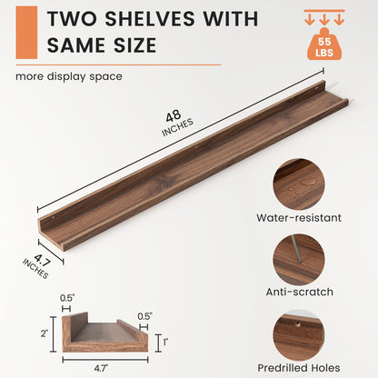 FLYJOE Picture Ledge Shelf, Floating Shelves Set of 2, 48 Inches Long Large Nursery Book Shelves for Toys Storage, Kids Bookshelf Wall Mounted for Living Room Bedroom Decor Books Photo Frames, Walnut