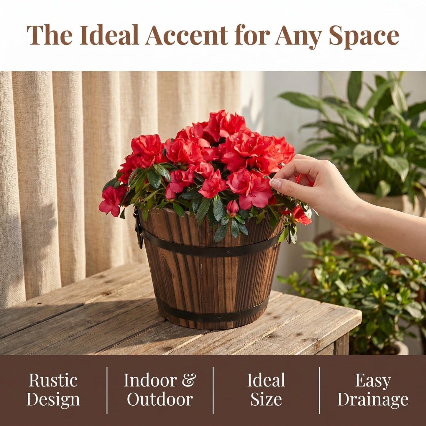 DOITOOL Rustic Wooden Barrel Planter: Wood Whiskey Barrel Bucket Flower Pots Indoor Outdoor Plants Boxes Container for Home Garden Patio Backyard - 7.08 x 5.9 x 5.1 inches (Large)