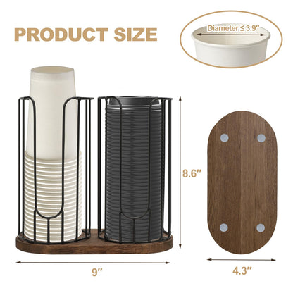 Tanggiteck 2-Compartment 18oz Coffee Cup Dispenser Rack with Wood Base, Disposable Cup, and Lid Organizer for Countertop - Perfect for Paper Cups, and Lid Organizer