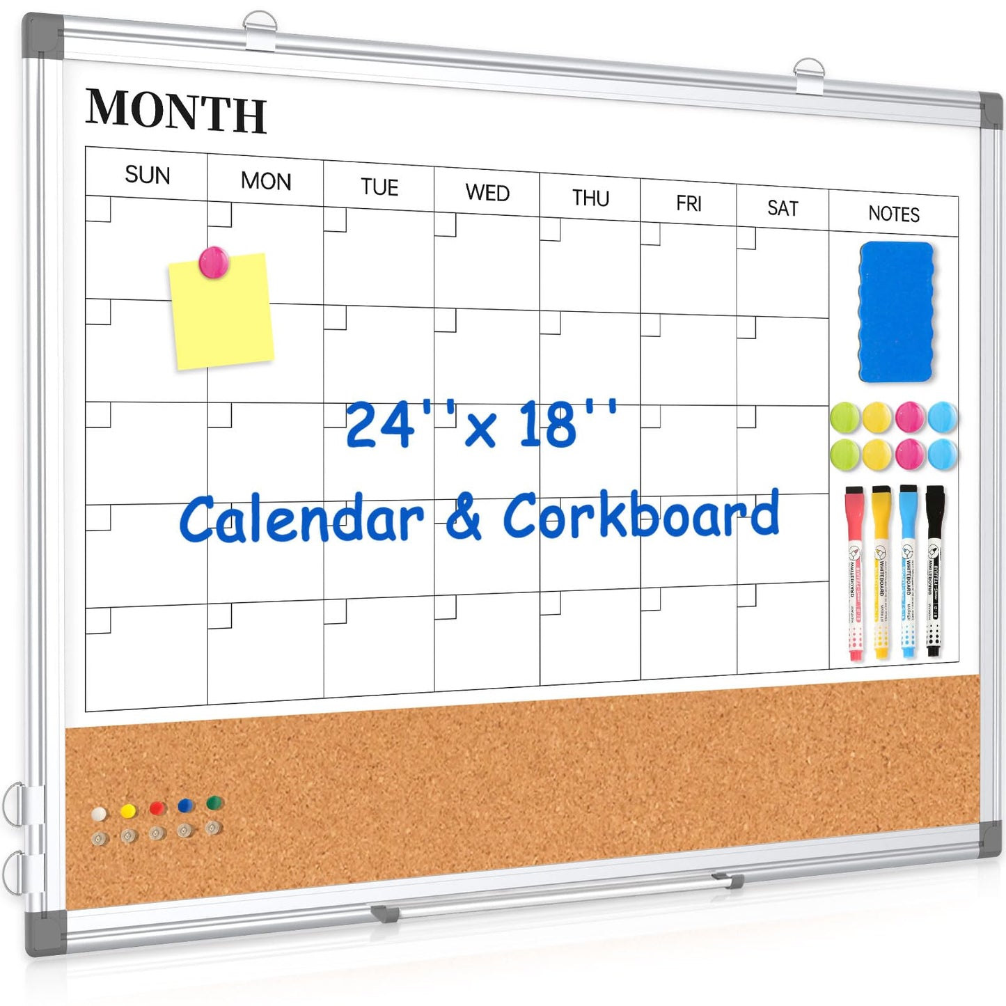 Monthly Calendar Whiteboard Dry Erase Cork Board Combo for Wall, 24" x 18" Double-Sided Calendar White Board and Bulletin Board, Portable Board for Office, Kitchen, School, Home