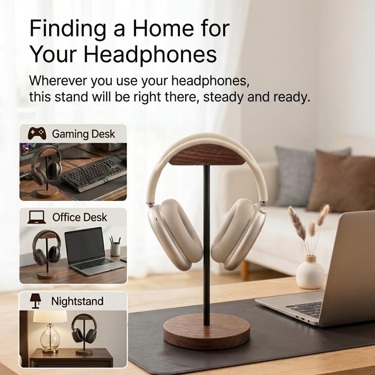 Bliocefo Headphone Holder Stand for Desk, Wood and Metal Headset Hanger Mount Hook Gaming Holder Desktop Earphone Artful Functional Craftsmanship Stand for All Headsets with Solid Wooden Base