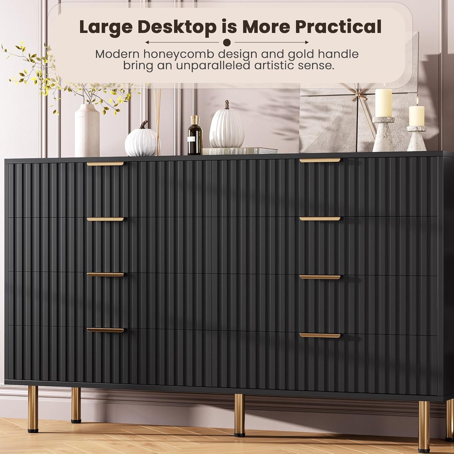 GarveeHome 8 Drawer Dresser for Bedroom, Fluted 55 in Wide Modern Chest of Drawers with Deep Drawers, Wooden Dresser Organizer for Living Room, Hallway, Kids Room, Black