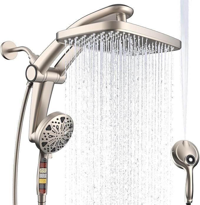 Rain Shower Head with filtered Handheld High Pressure rainfall Shower Heads with Handheld Spray Combo Adjustable one-piece stand daul shower head Built-in Magnetic Docking and Power Jets-brush nickel