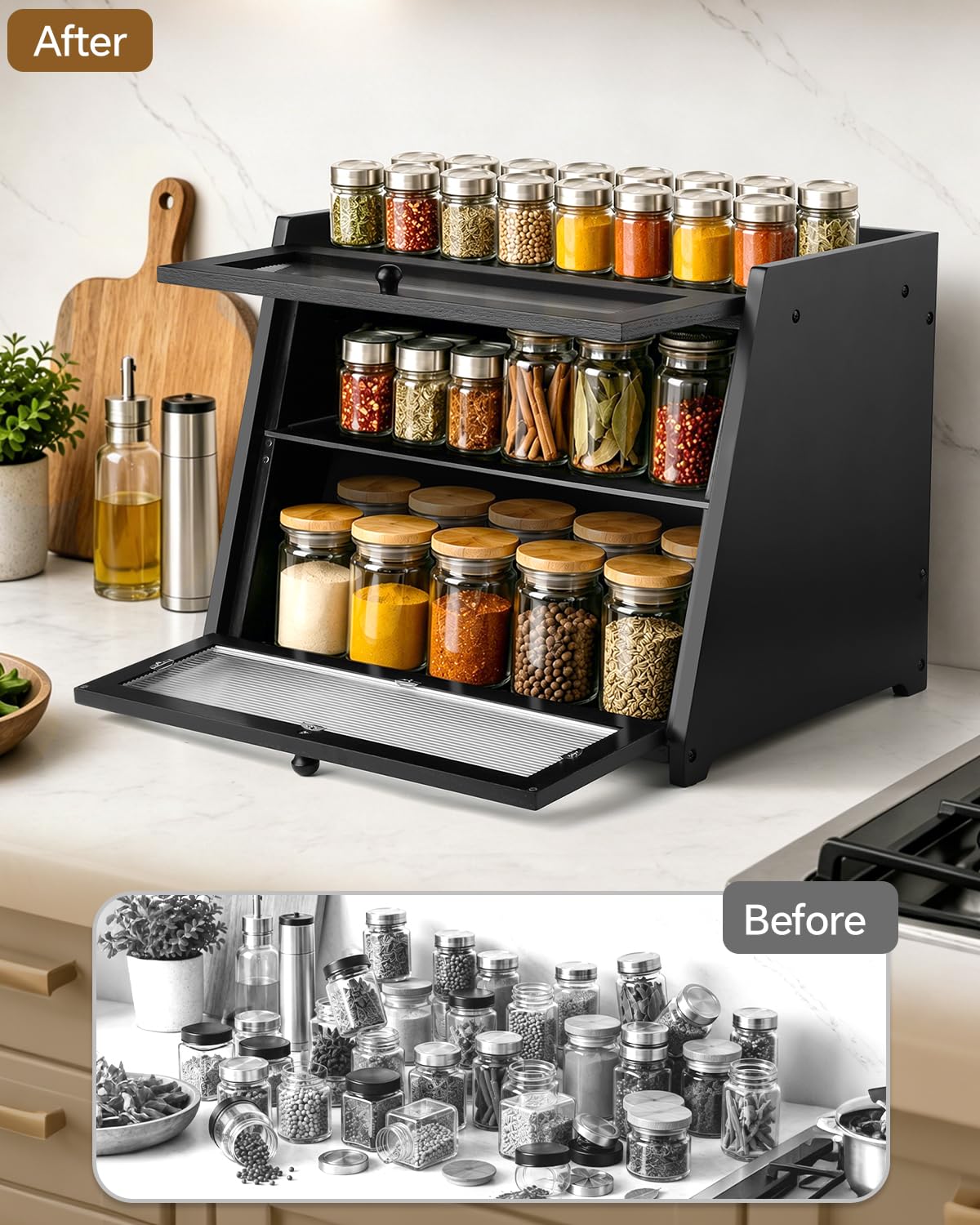 Kerisgo Bread Box for Kitchen Countertop - Double Layer Wooden Bread Storage Container for Homemade Bread,Counter Organizers and Storage for Fruits,Spices,Bread - Black