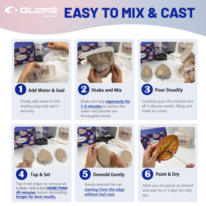 Glizma Complete Gypsum Casting Powder Kit 2 Sets 6 Leaf Trays, Home Decor DIY Beginners Crafts Kits Adults Women, Water Activated, Fast Curing, Date Night Painting Kit(Acrylic Paint Inclueded)