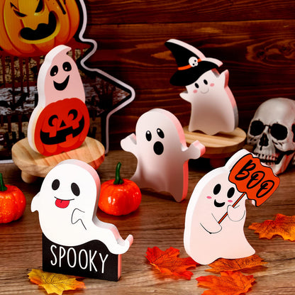 5 Pcs Halloween Ghost Table Decorations Cute Ghost Decor Indoor Wooden Witch Boo Centerpieces Spooky Tiered Tray Pumpkin Signs Fall Rustic Decor for Party Shelf Display(Cute Style)