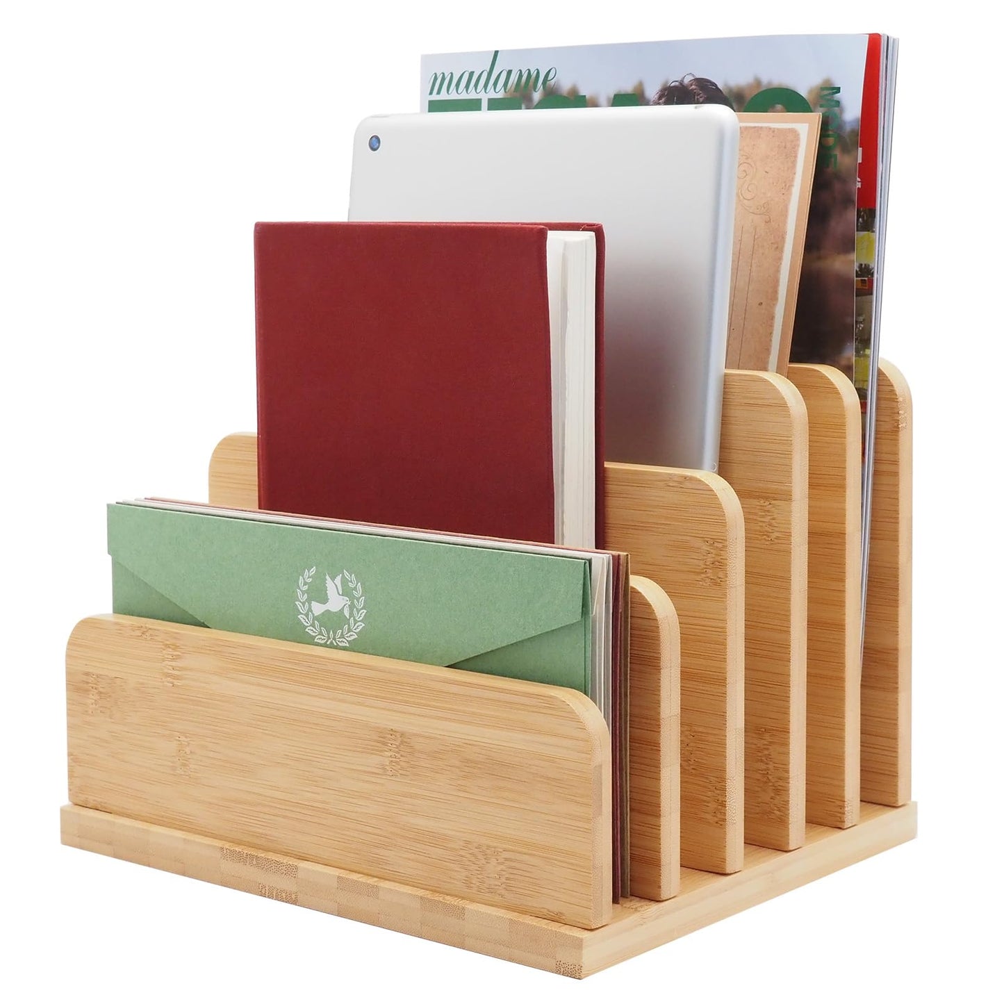 Deefielly Desk File Mail Organizer Countertop, 5 Slots Bamboo Folder Sorter Holder for Letter, Envelope, Paper, Bill Filing, Desktop Tray Organizer for Office & Home