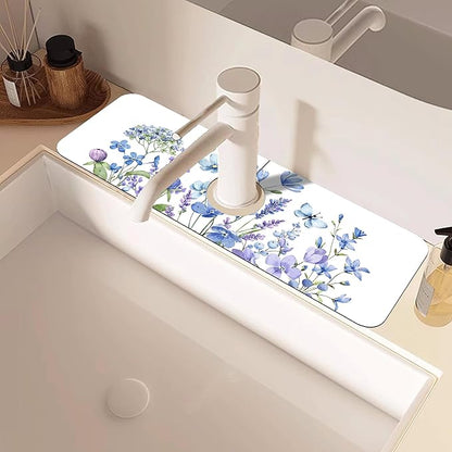 Watercolor Floral Butterfly Sink Faucet Absorbing Mat Sink Splash Guard Faucet