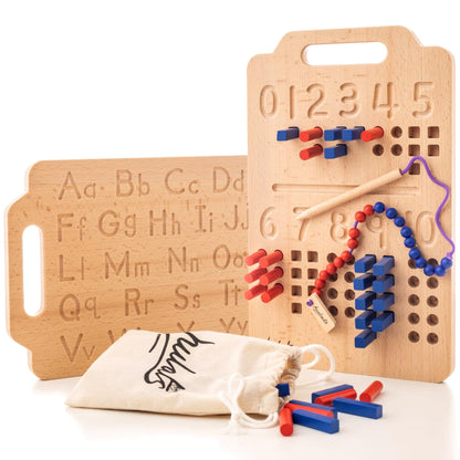 Hulats Montessori Counting Peg Board - Number & Letter Tracing Board - Wooden Montessori Alphabet & Counting Toys Toddlers 3+ Years Old - Alphabet Learning + Education Home Schooling Materials Pre-K