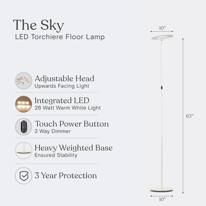 Brightech Sky LED Floor lamp, Torchiere Super Bright Floor Lamp for Living Room Decor & Office - Dimmable, Tall Standing Lamp with Warm Light for Bedroom & Reading - White