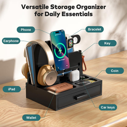 Sephyroth Bamboo Phone Docking Station Nightstand Organizer Cell Phone Stand Gifts for Men, Dad Gifts for Boyfriend, Husband with Drawer Storage (Black)