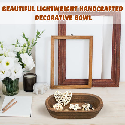 Wooden Dough Bowl Set of 2, Dough Bowls for Decor, Handmade Rustic Centerpiece for Farmhouse Table Decor, Natural Wood Display Tray for Coffee Table(10 x 6 x 2 Inch, 16 x 6 x 2 Inch,Brown)