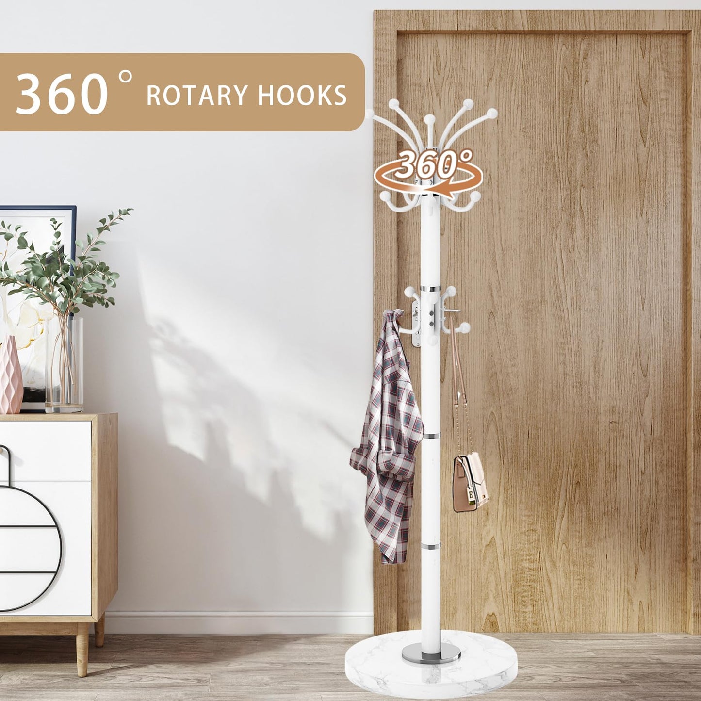 LOZABEE Metal Heavy Duty Coat Rack Stand, Modern 360° Roraty Freestanding Coat Rack with Natural Marble Base, White Coat Racks Hall Tree Hanger Stand with 16 Hooks for Entryway, Office